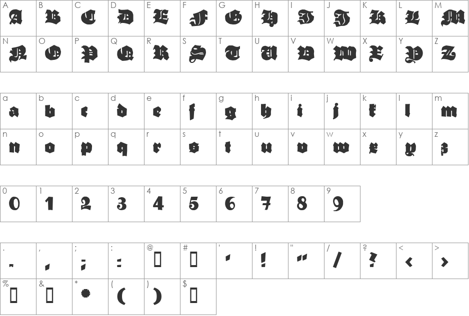 Ganz Grobe Gotisch UNZ1A font character map preview
