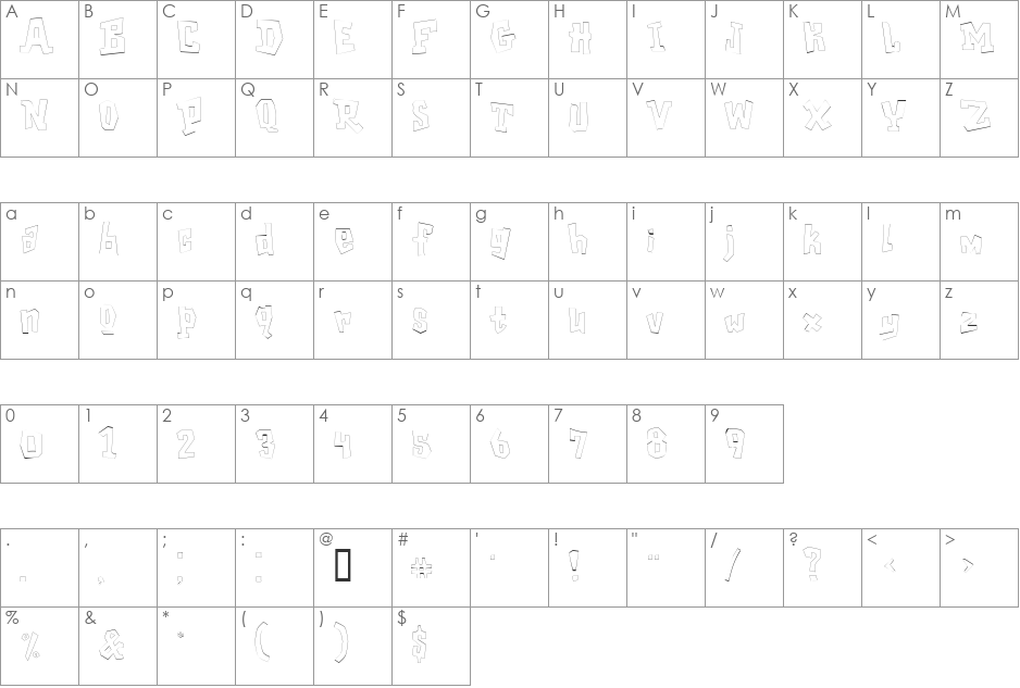 GarageShockOutline font character map preview