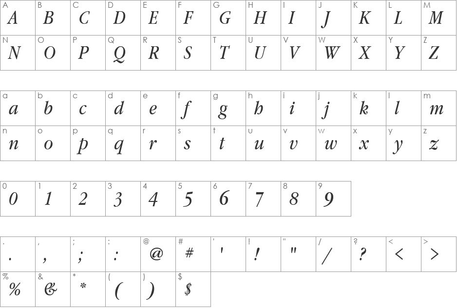 GaramondBookNarrowCTT font character map preview