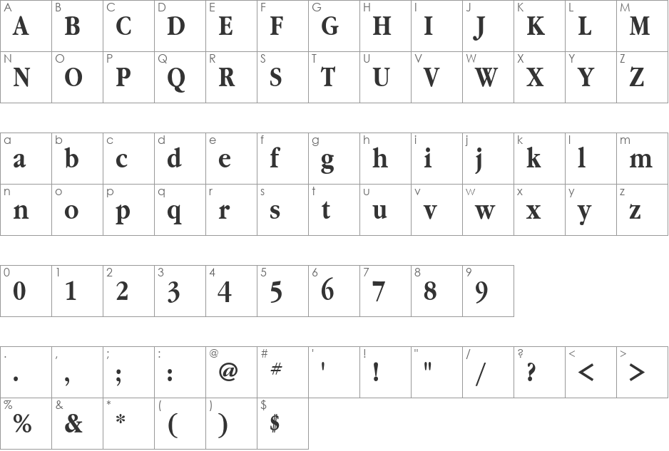 GaramondNarrowC font character map preview