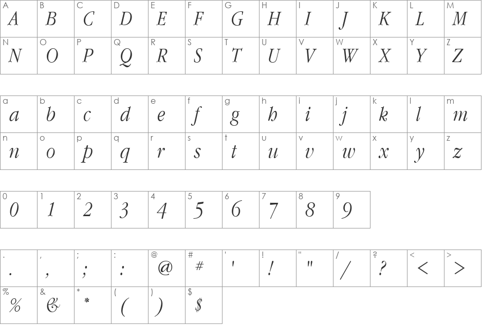 GaramondNarrowCTT font character map preview