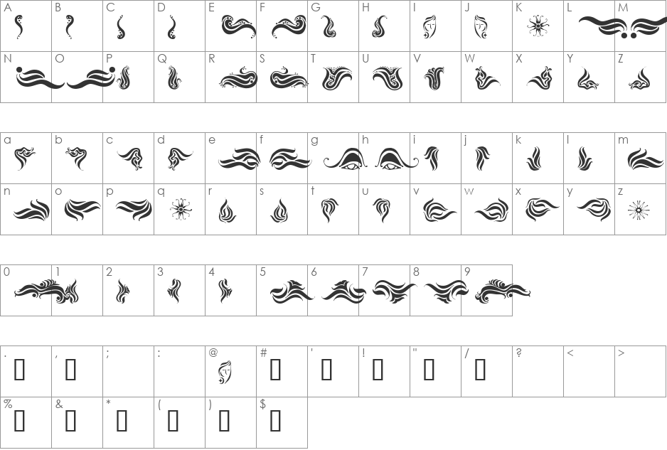 Absinth Flourishes II font character map preview