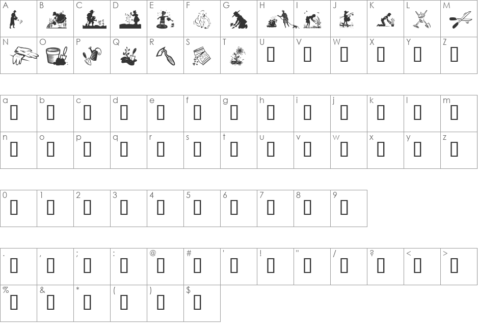 Gardening With Sue font character map preview