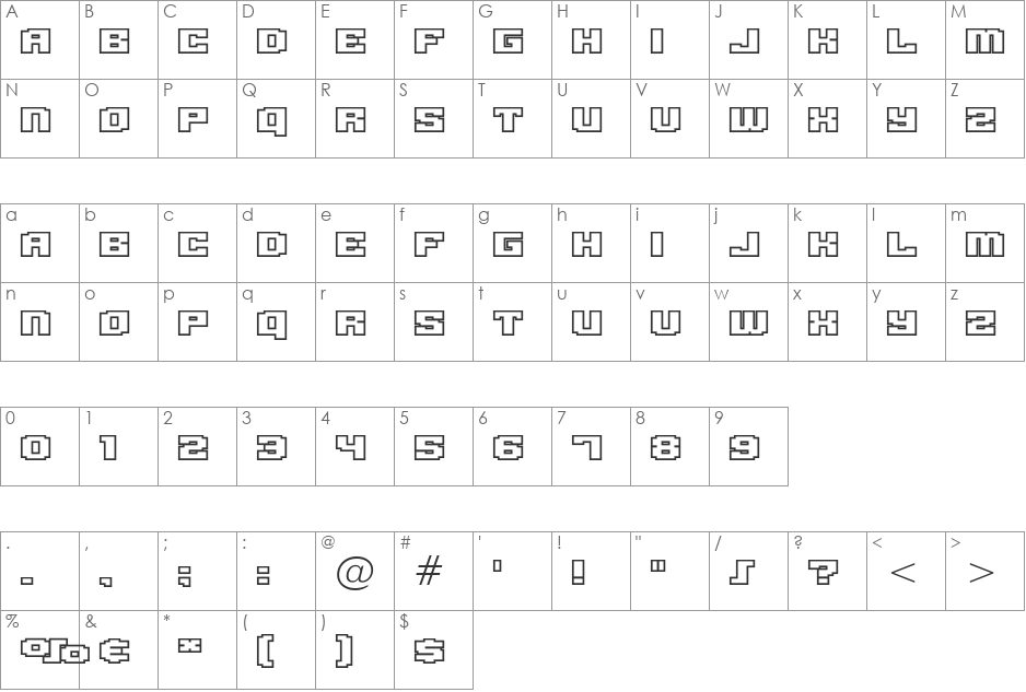 Gargantua BTN Outline font character map preview
