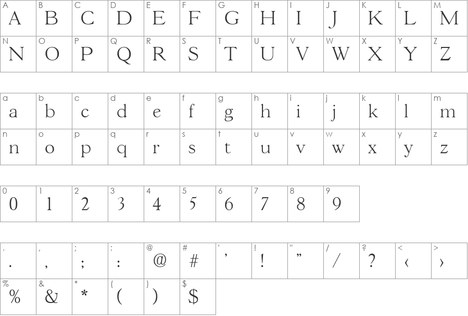 Gascogne-Xlight font character map preview