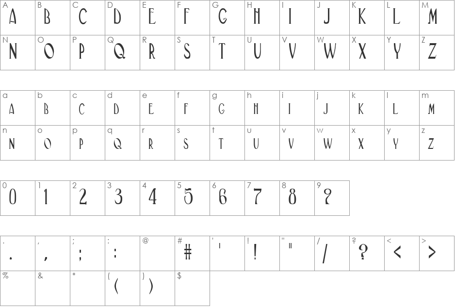 GatsbyCondensed font character map preview