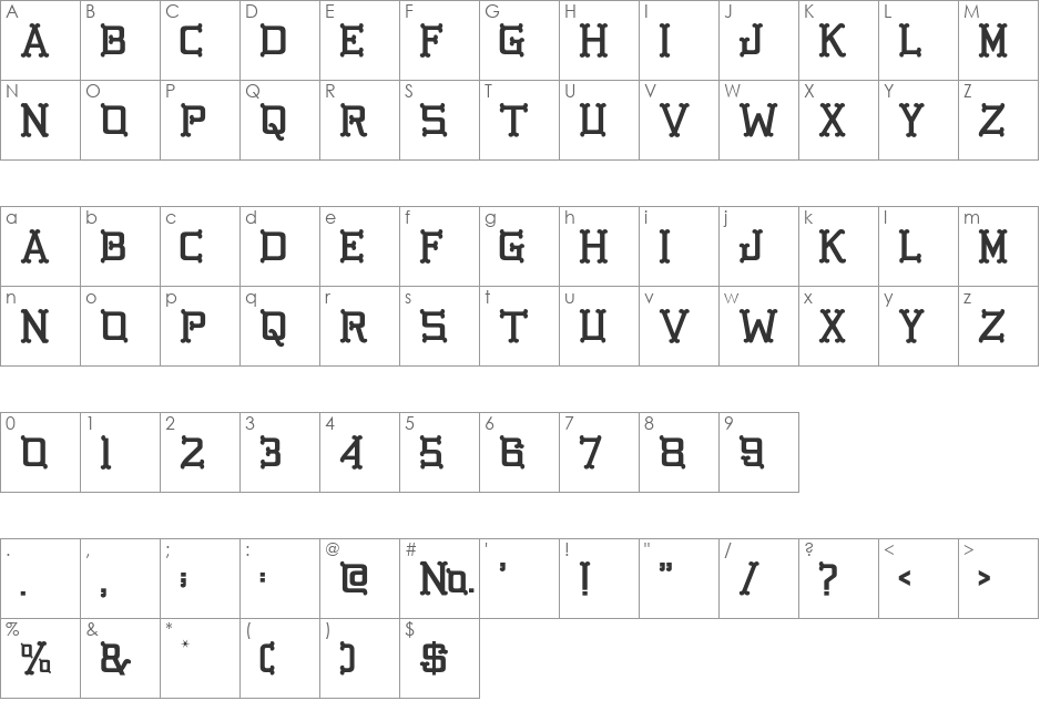 GB Golden Bones font character map preview