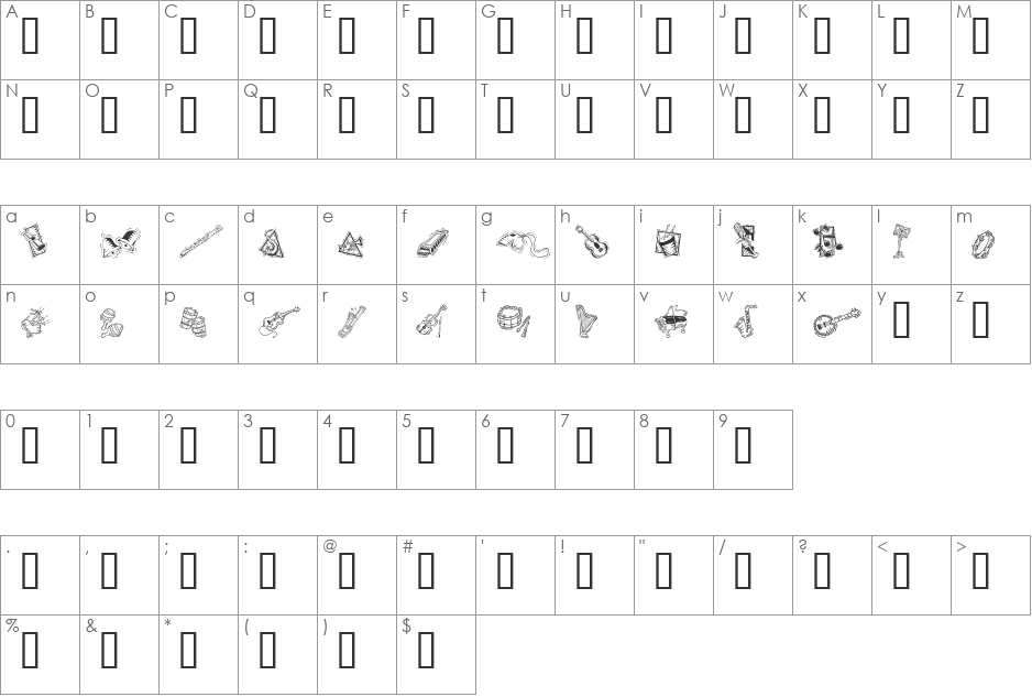 GE Deco Music font character map preview