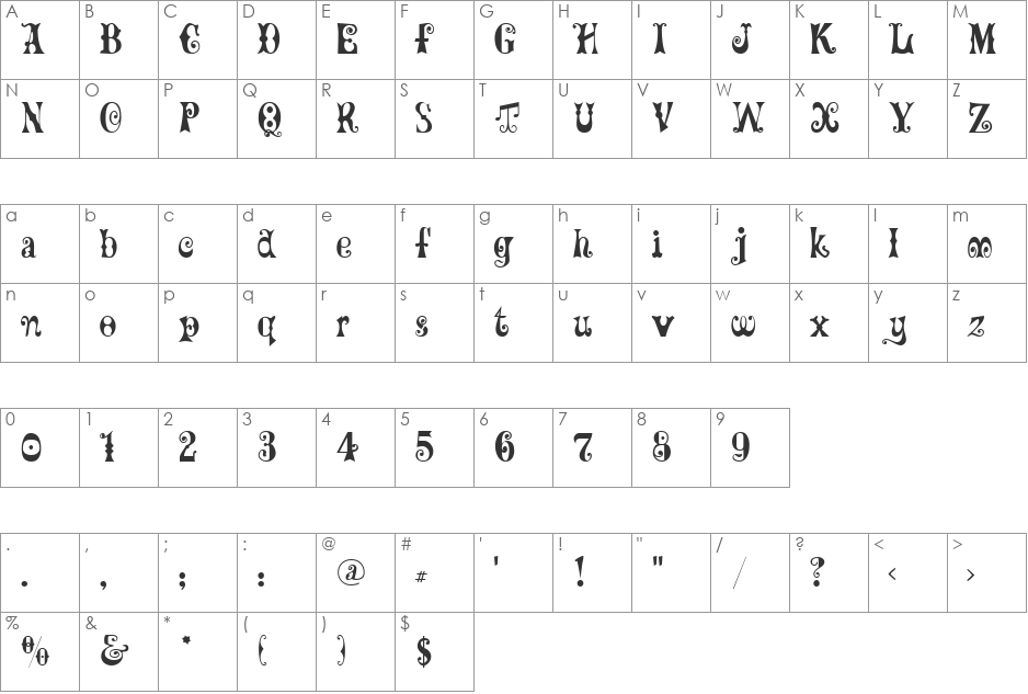 GE Frills font character map preview