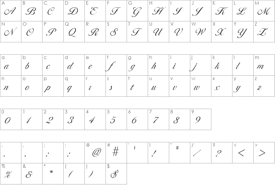 GE LaraScript font character map preview
