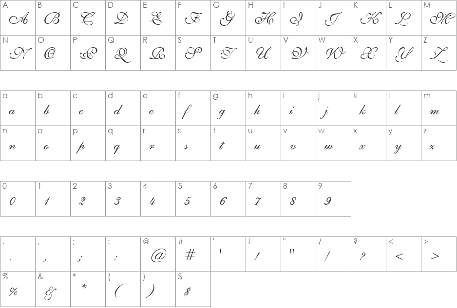 GE Sheer Script font character map preview
