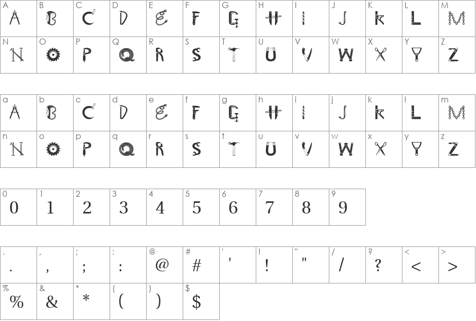 GE Tooltime font character map preview