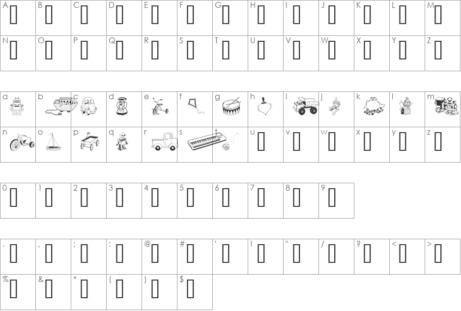 GE Toys font character map preview