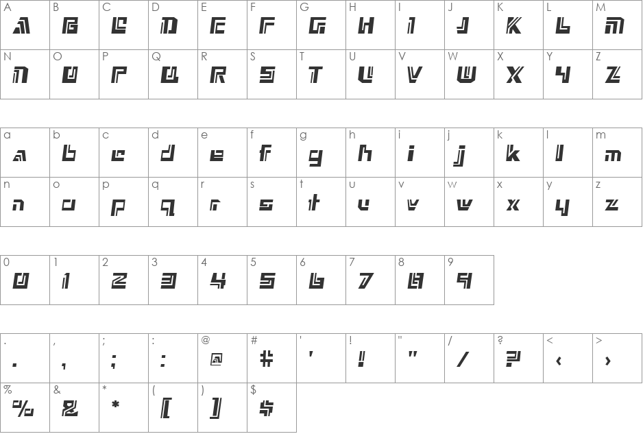 GE Vortex font character map preview