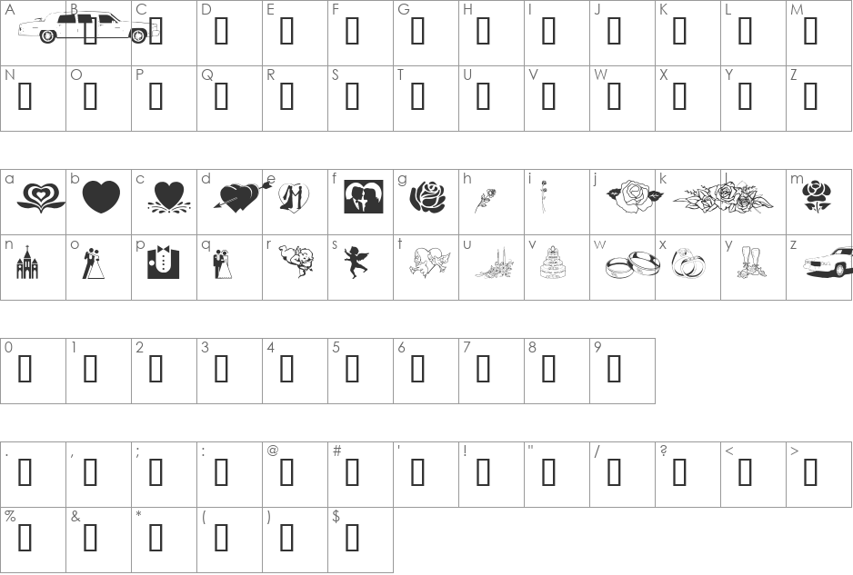 GE Wedding Bliss font character map preview