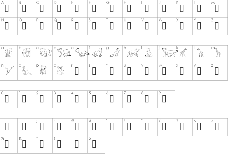 GE Wild Kingdom E to K font character map preview