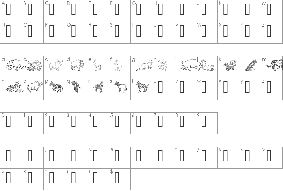 GE Wild Kingdom P to Z font character map preview