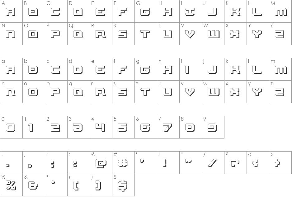 Gearhead 3D font character map preview