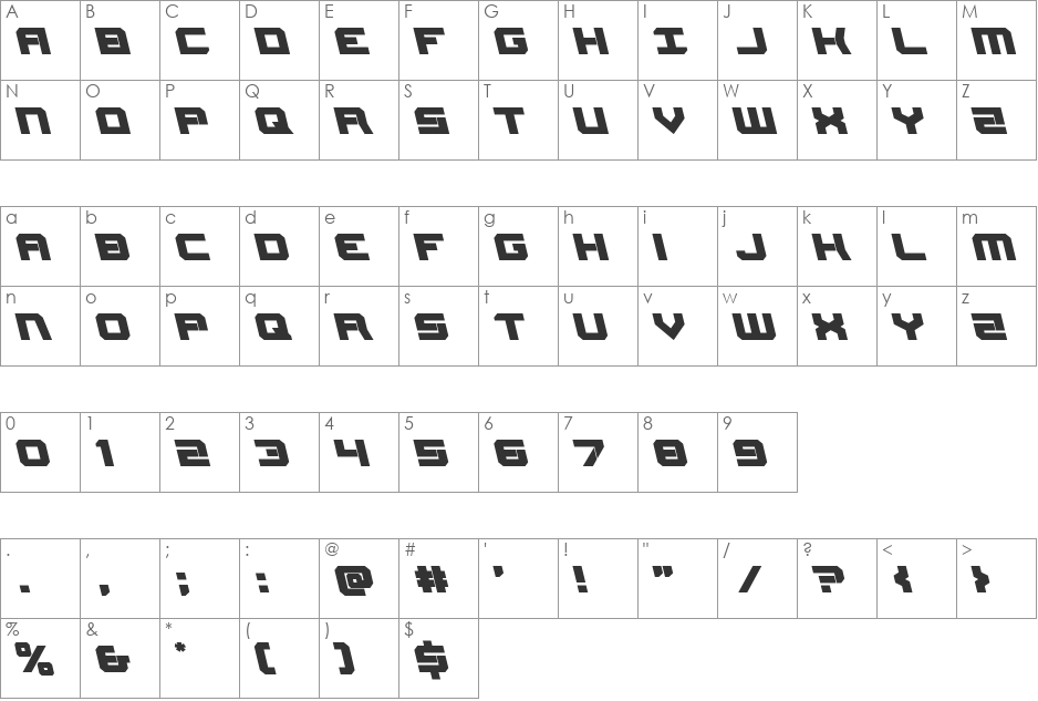 Gearhead Leftalic font character map preview