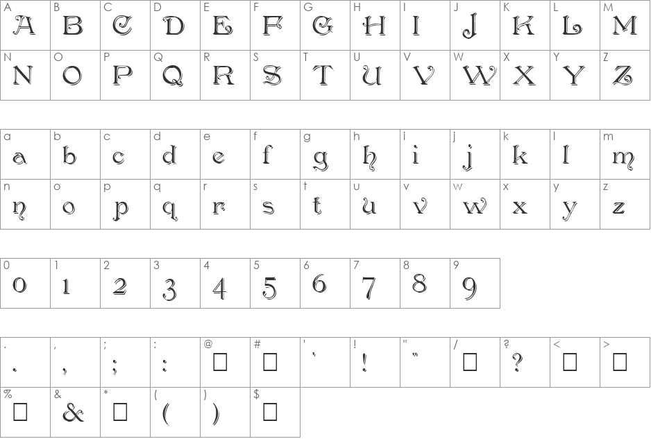 Antikvar Shadow font character map preview