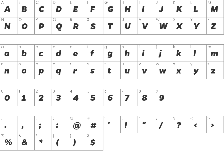 Gentona ExtraBold Italic font character map preview