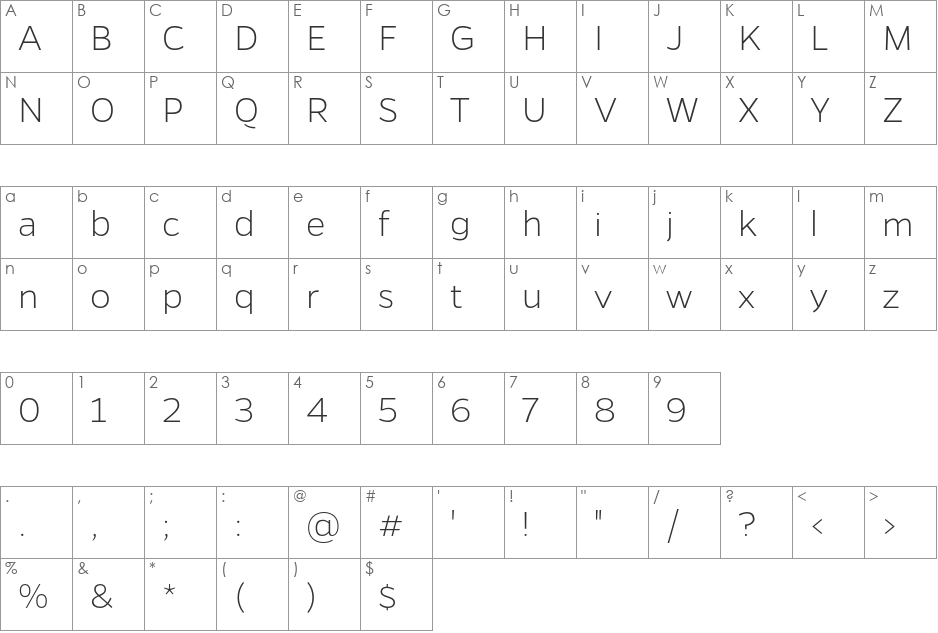 Gentona ExtraLight font character map preview