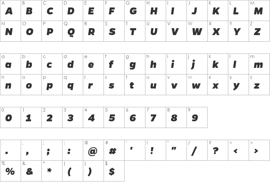 Gentona Heavy Italic font character map preview