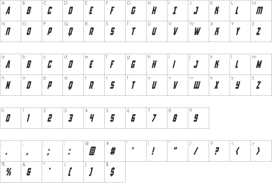 Antilles Condensed Italic font character map preview