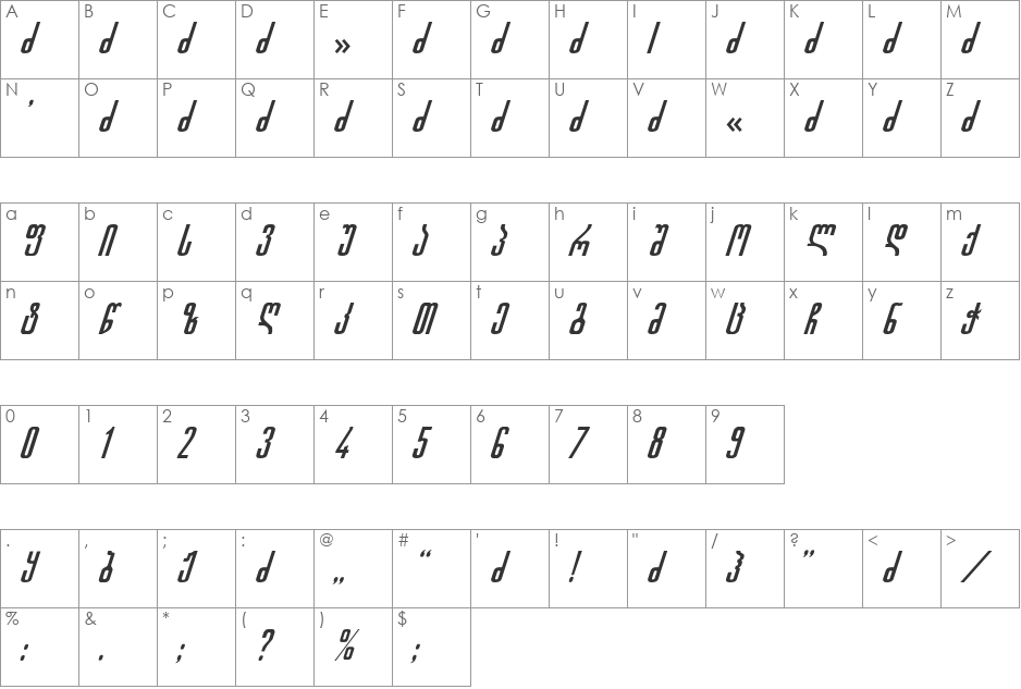 GeoItalic font character map preview