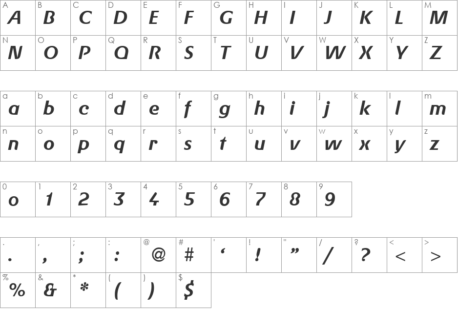 GerdaDB font character map preview