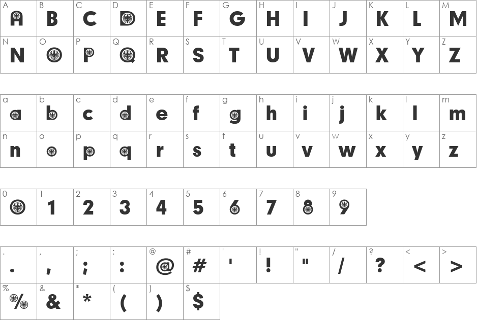 German Participants font character map preview