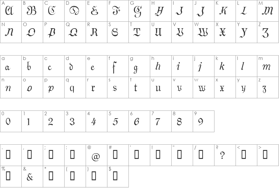 German Sampler font character map preview