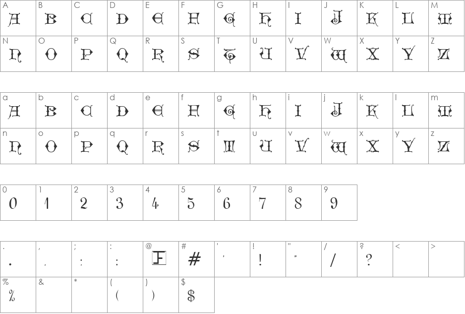 Geschlossen Gotik Kaps font character map preview