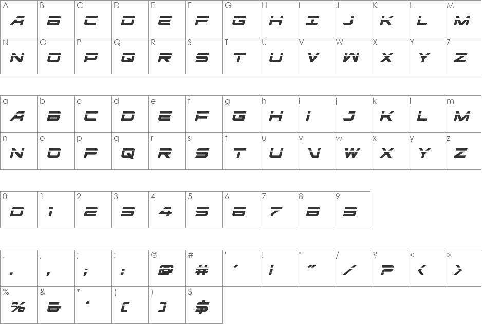 Ghost Clan Laser Italic font character map preview