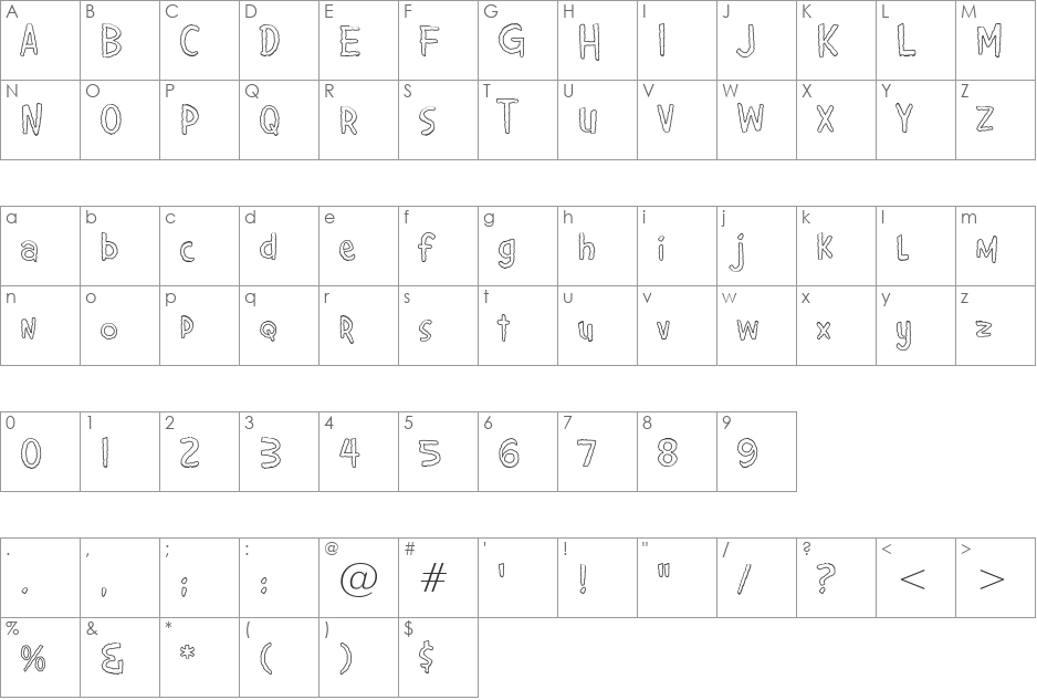 Giggles Wiggles BTN Outline font character map preview