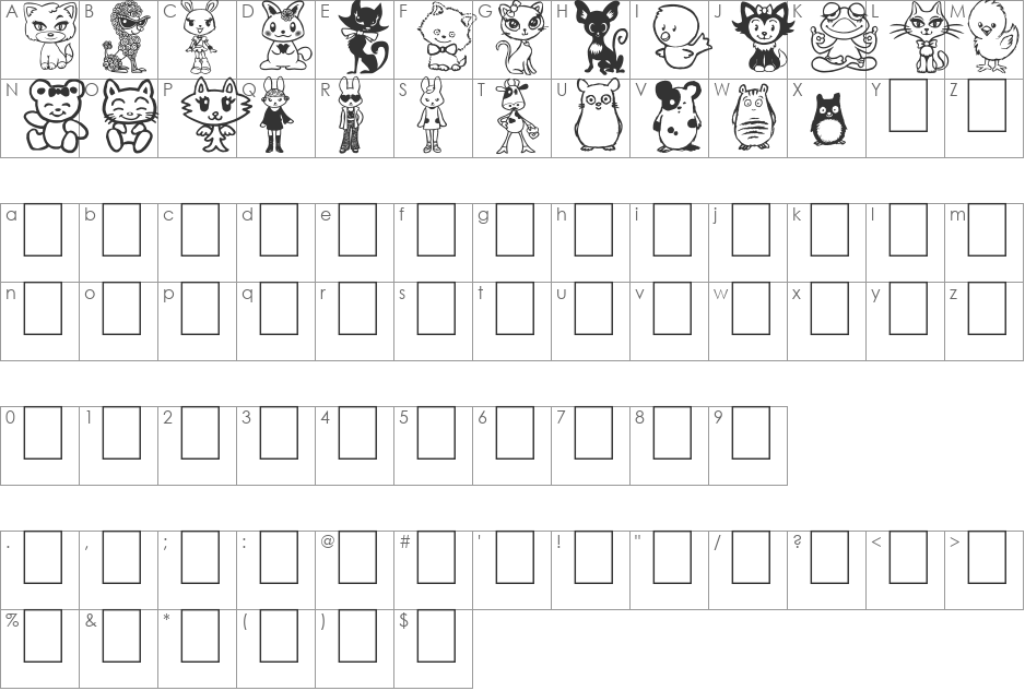 Girly Toons font character map preview