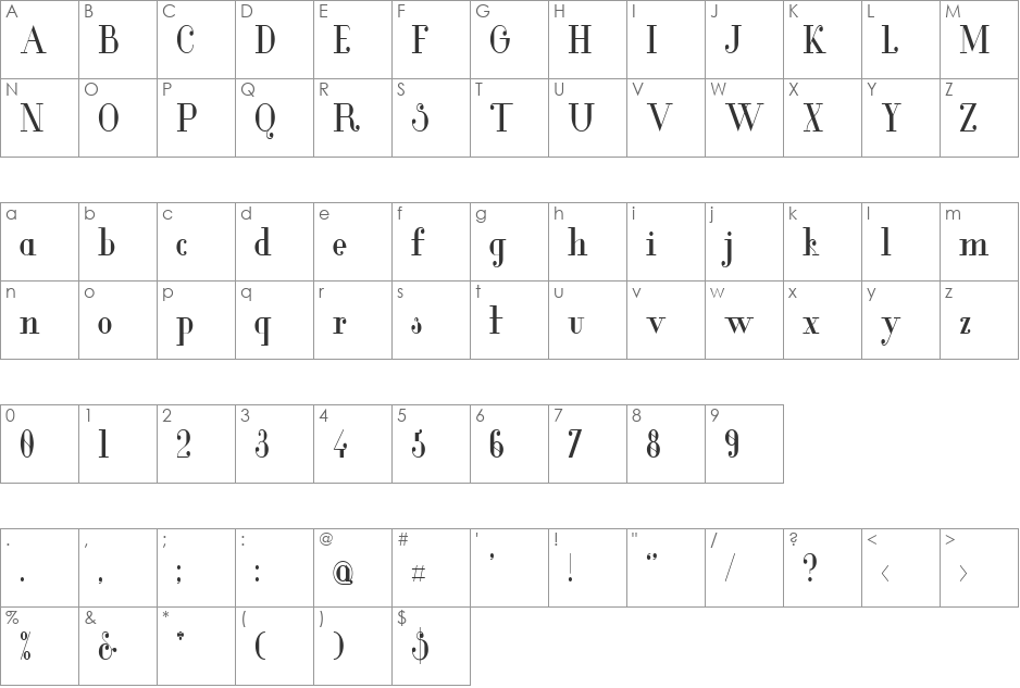 Glamor Med Cond font character map preview