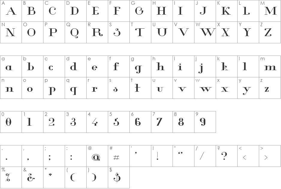 Glamor Med Ext font character map preview