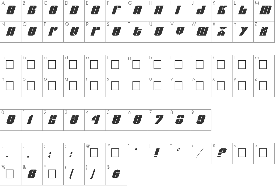 GlaserItalic font character map preview