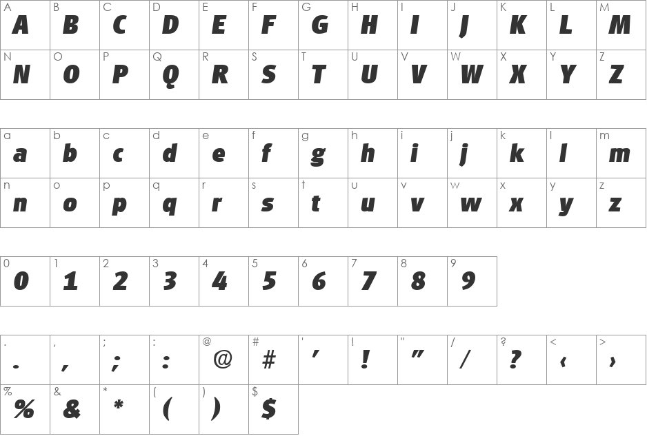 Glasgow-ExtraBoldIta font character map preview