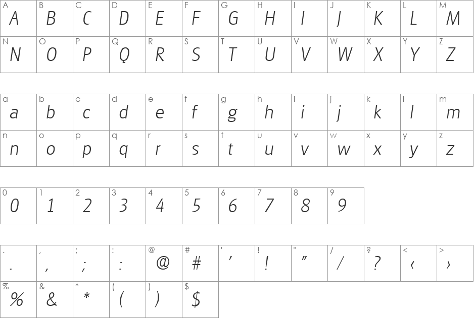 Glasgow-XlightIta font character map preview