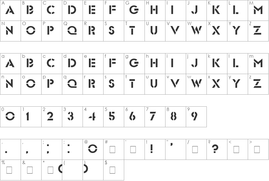 Glasten font character map preview