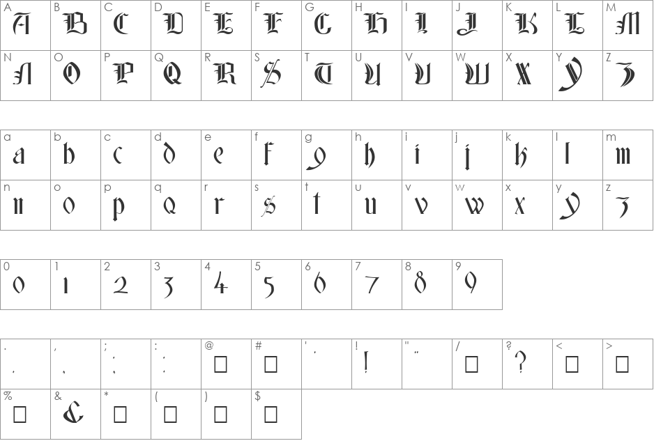 Glastonbury Wide font character map preview