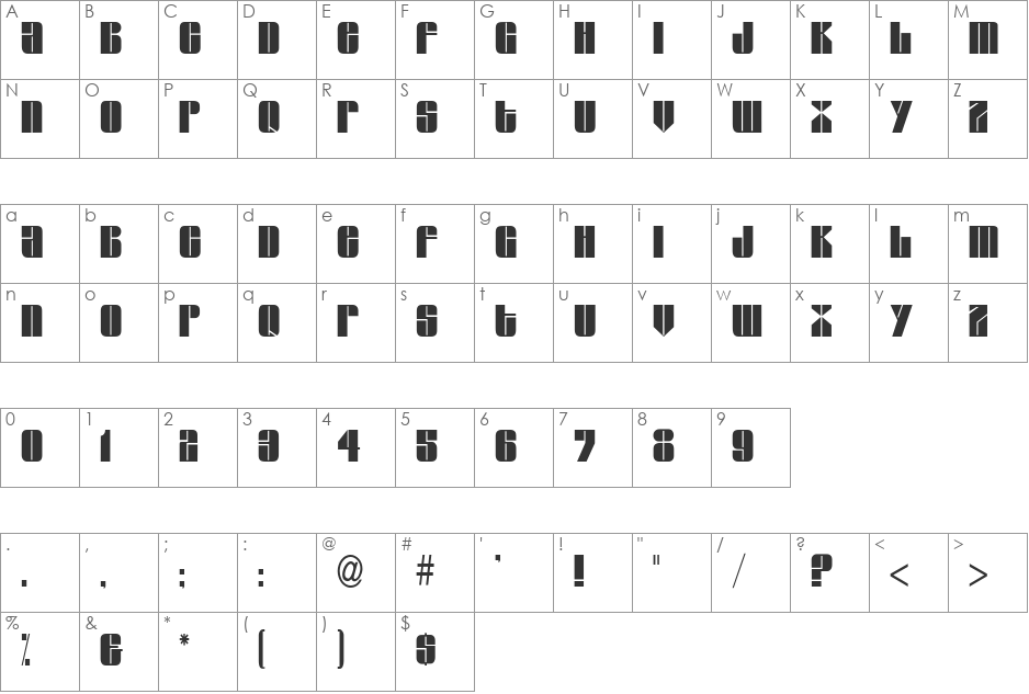 Glaze Condensed font character map preview