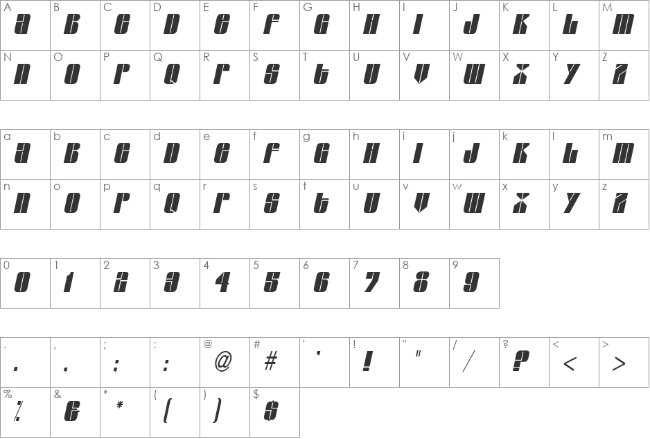 Glaze Condensed font character map preview