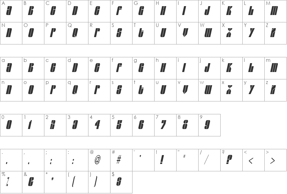 Glaze Extended Condensed font character map preview