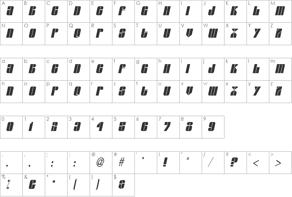 Glaze-Condensed font character map preview