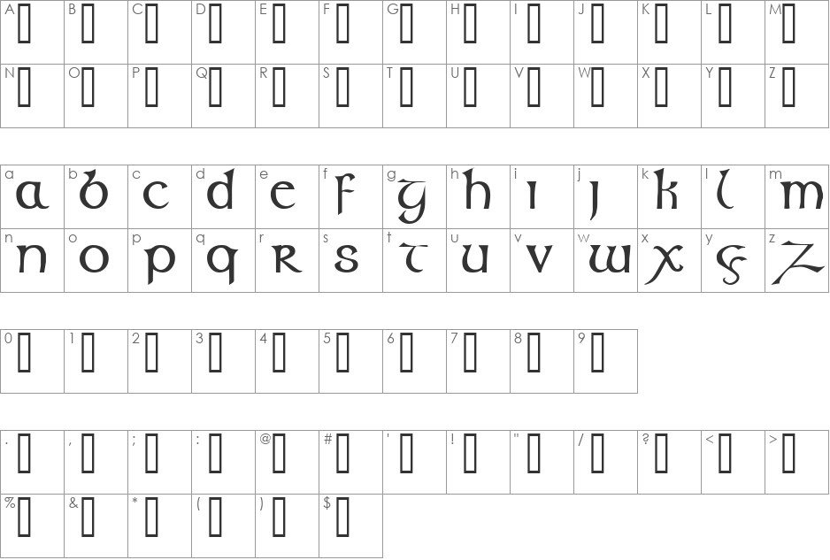 Glendower font character map preview