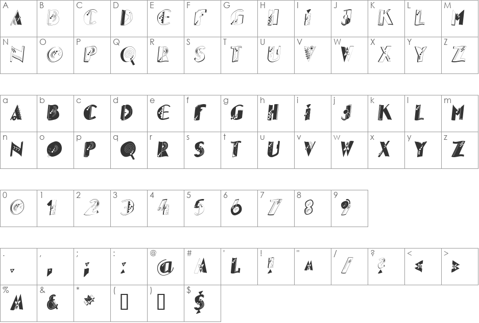 GlitterOblique font character map preview