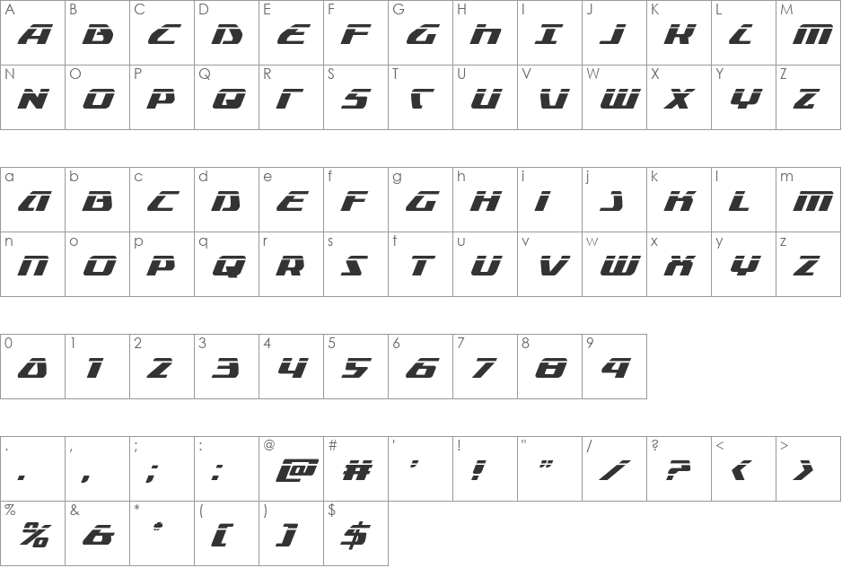 Global Dynamics Laser Italic font character map preview